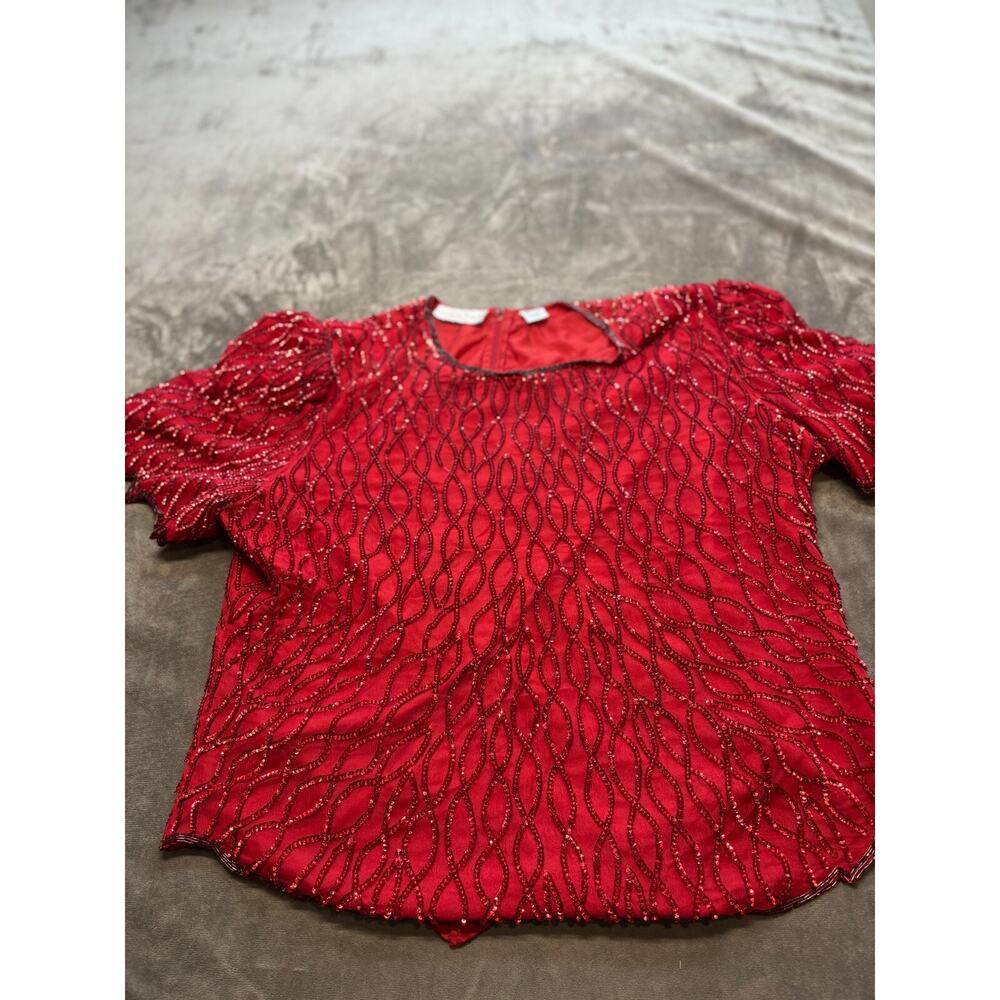 LAURENCE KAZAR‎ Blouse 2X Top Red BEADED Zip Back Evening 1980's Vintage